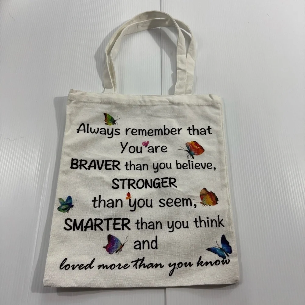 78. Chic White Tote Bag with Inspirational Quote and Butterfly Design